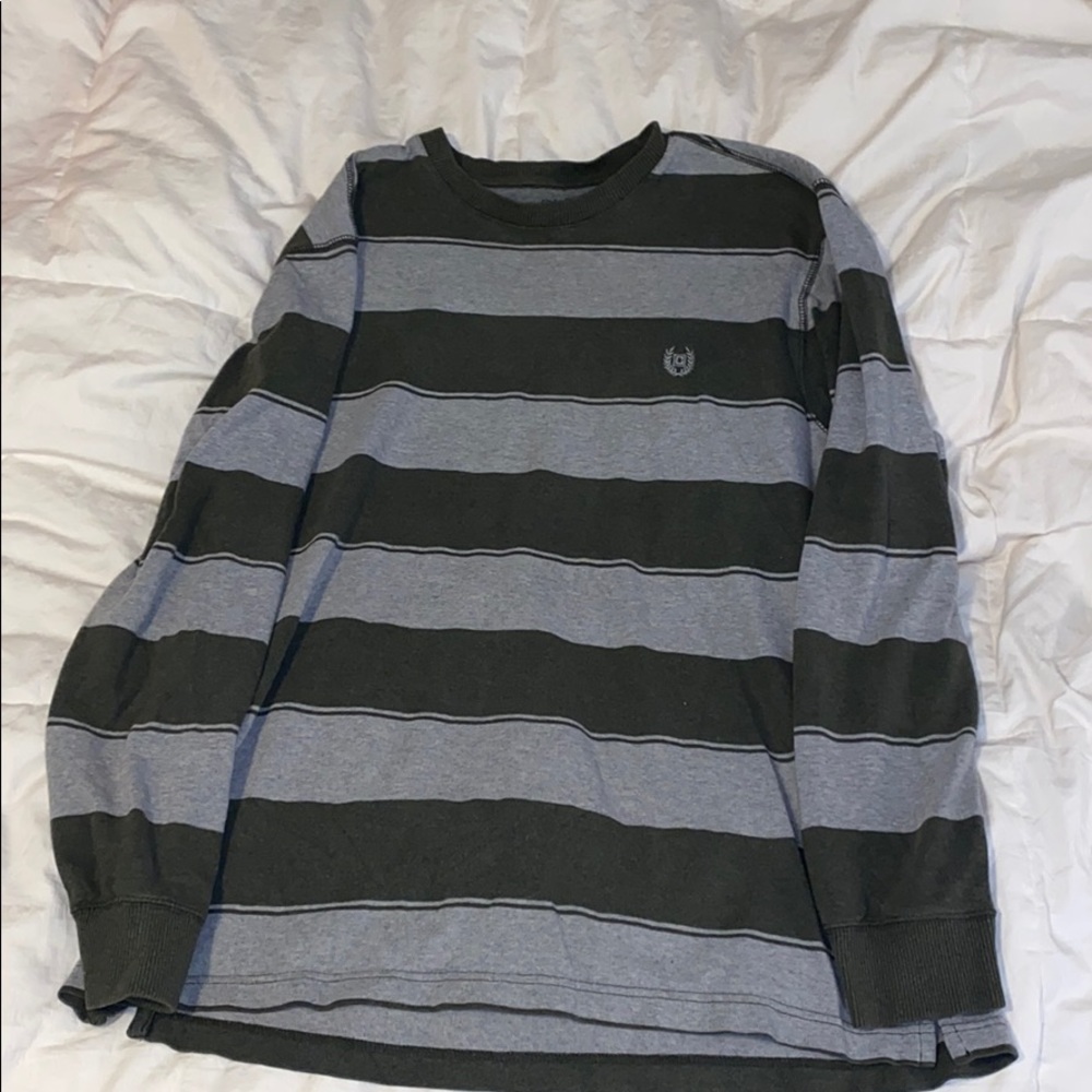 green and grey striped sweater